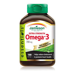 Jamieson Extra Strength Omega-3 700 mg, No Fishy Aftertaste, Supports Heart, Brain, and Eye Health, Arthritis Support. With EPA and DHA, Non-GMO, Gluten-Free, 100 Softgels, Proudly Canadian