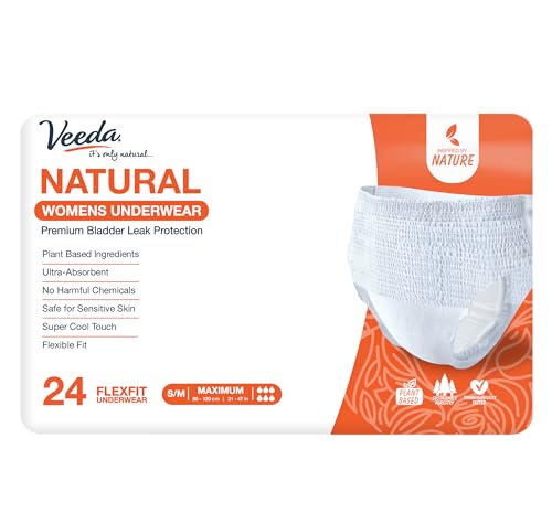 Veeda Natural Adult Incontinence Underwear for Women - Postpartum Underwear for Bladder Leakage Protection - Disposable Underwear with Maximum Absorbency - Small/Medium Size - 24 Count