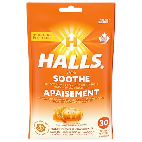 HALLS Honey Flavour Cough Drops, Throat Lozenges, Sore Throat Relief, Mentho-Lyptus, 30 Lozenges, Prepared in Canada