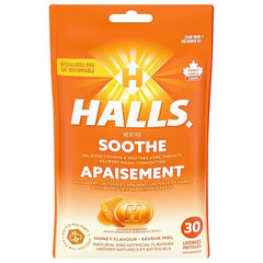 HALLS Honey Flavour Cough Drops, Throat Lozenges, Sore Throat Relief, Mentho-Lyptus, 30 Lozenges, Prepared in Canada