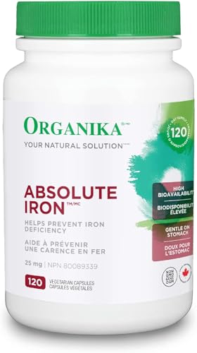 Organika Canadian-Made Absolute Iron - Iron Bisglycinate- High Availability, Gentle on Stomach, Boost Iron Levels- Beneficial for Women and Vegetarians- 120vcaps