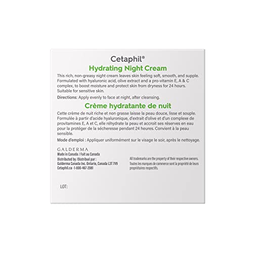 Cetaphil Hydrating Night Cream for Face (48gr) - Made with Hyaluronic Acid and Olive Oil Extract - 24Hr Intense Hydration - Fragrance-Free, Paraben-Free - For Dry and Sensitive Skin