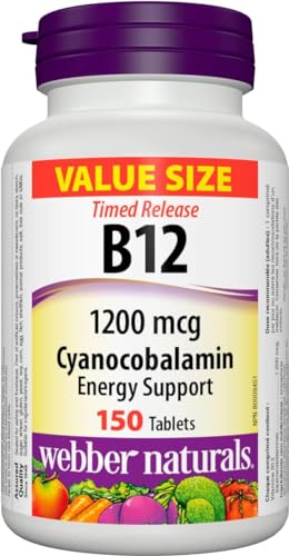 Webber Naturals Vitamin B12 Cyanocobalamin 1,200 mcg, Timed Release, 150 Tablets, Supports Energy Production and Metabolism, Gluten Free, Non-GMO, Vegan