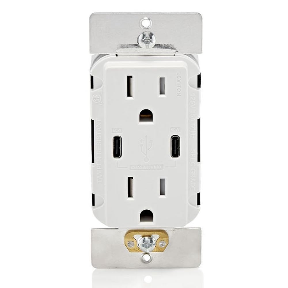 Leviton USB Dual Type-C Receptacle, 15 Amp, Tamper-Resistant, T5636-00W, White