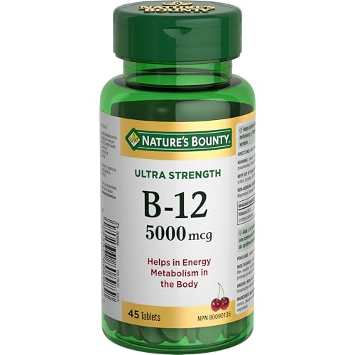 NATURE'S BOUNTY Vitamin B-12, Ultra Strength 5000 mcg, Helps Energy Metabolism, Helps Form Red Blood Cells, Aids Immune System, Prevents Vitamin B-12 Deficiency, Cherry-Flavoured Tablets, 9 g