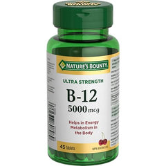 NATURE'S BOUNTY Vitamin B-12, Ultra Strength 5000 mcg, Helps Energy Metabolism, Helps Form Red Blood Cells, Aids Immune System, Prevents Vitamin B-12 Deficiency, Cherry-Flavoured Tablets, 9 g