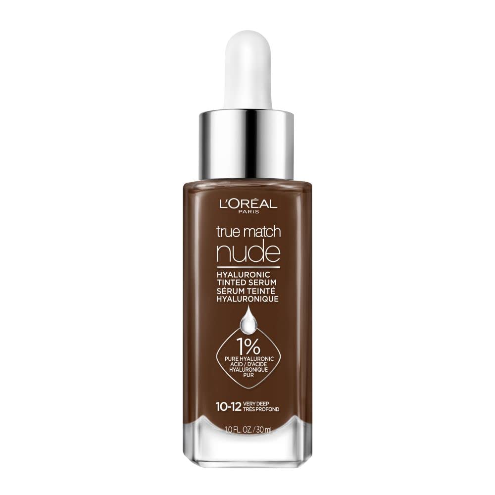 L’Oréal Paris True Match Nude Hyaluronic Tinted Serum, Tinted Face Serum Foundation with Hyaluronic Acid for Lightweight Coverage and Instant Hydration, Radiant Finish - Very Deep, 30 mL