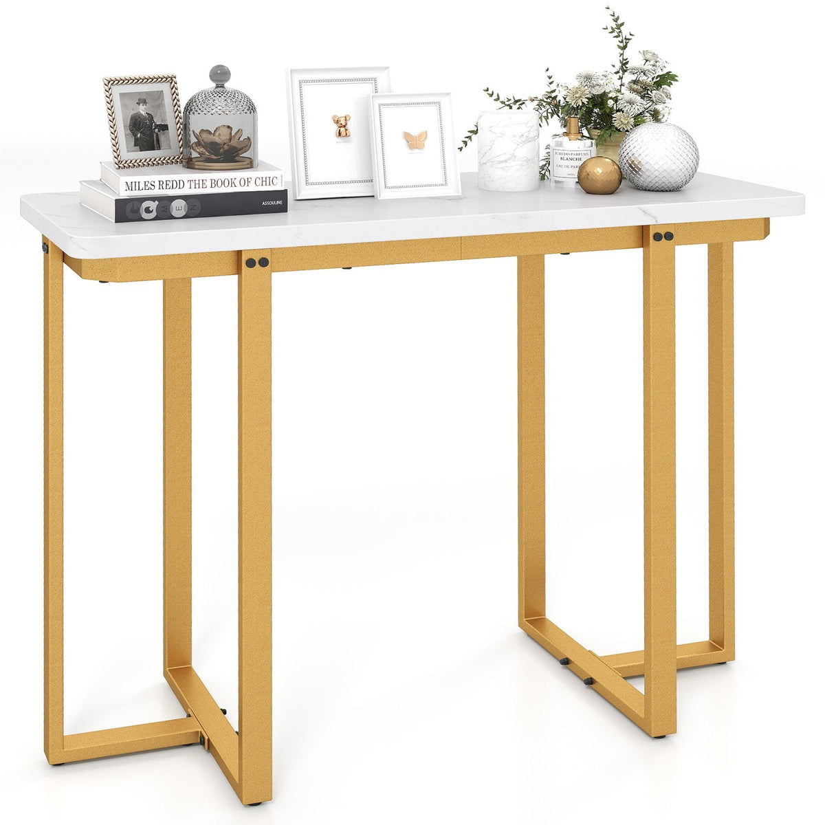 42 Inches Modern Faux Marble Entryway Table with Geometric Metal Frame-White