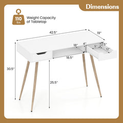 42.5 inches Mid Century Modern Writing Desk with Metal Leg and Drawers-White