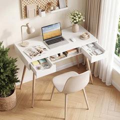 42.5 inches Mid Century Modern Writing Desk with Metal Leg and Drawers-White