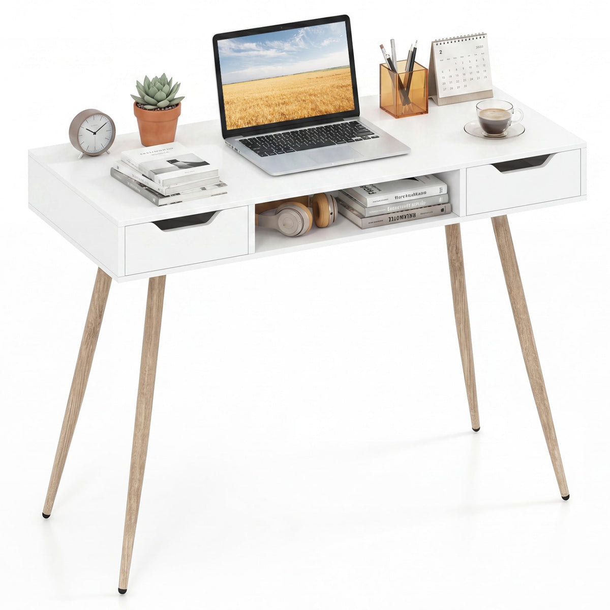42.5 inches Mid Century Modern Writing Desk with Metal Leg and Drawers-White