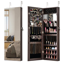 43.5 Inch Jewelry Mirror Cabinet with Full-length Mirror and Adjustable Hangers-Dark Brown
