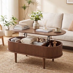 43.5 inches Oval Lift Top Coffee Table with Storage and Fluted Design for Living Room-Walnut