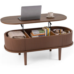 43.5 inches Oval Lift Top Coffee Table with Storage and Fluted Design for Living Room-Walnut