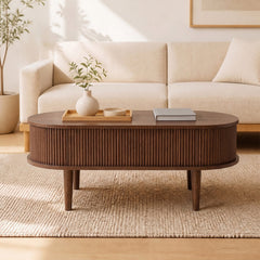 43.5 inches Oval Lift Top Coffee Table with Storage and Fluted Design for Living Room-Walnut