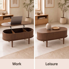 43.5 inches Oval Lift Top Coffee Table with Storage and Fluted Design for Living Room-Walnut