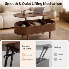43.5 inches Oval Lift Top Coffee Table with Storage and Fluted Design for Living Room-Walnut