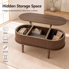 43.5 inches Oval Lift Top Coffee Table with Storage and Fluted Design for Living Room-Walnut