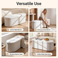 43 inches Folding Teddy Storage Ottoman Bench with Dividers for Living Room and Bedroom-Beige