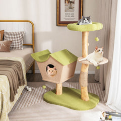 43 Inch Pear Wood Cat Tree with House Shaped Condo, 17 Inch Perch and Jute Posts, Green