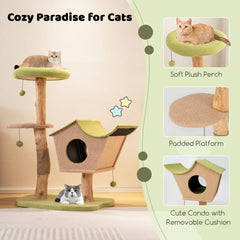 43 Inch Pear Wood Cat Tree with House Shaped Condo, 17 Inch Perch and Jute Posts, Green