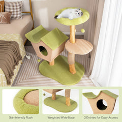 43 Inch Pear Wood Cat Tree with House Shaped Condo, 17 Inch Perch and Jute Posts, Green