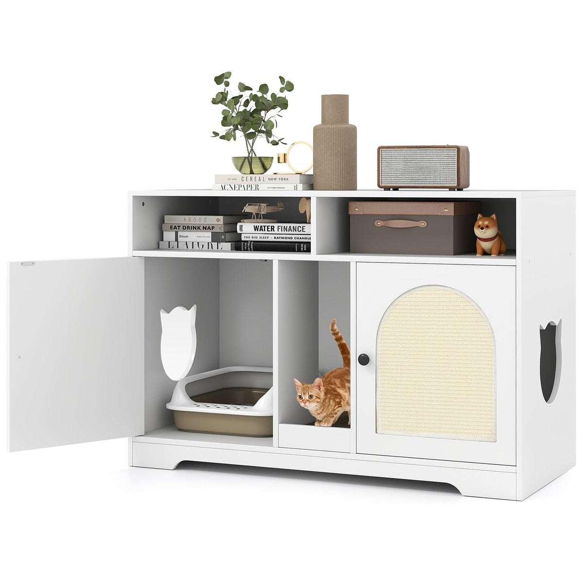 43 Inches Cat Litter Box Enclosure with Storage and Double Rooms-White