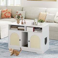 43 Inches Cat Litter Box Enclosure with Storage and Double Rooms-White