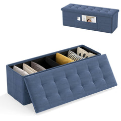 43 Inches Folding Storage Ottoman Bench Linen End of Bed Bench with Padded Seat-Navy