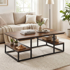 43 inches Rectangle Coffee Table with Storage and Open Shelves-Rusticbrown
