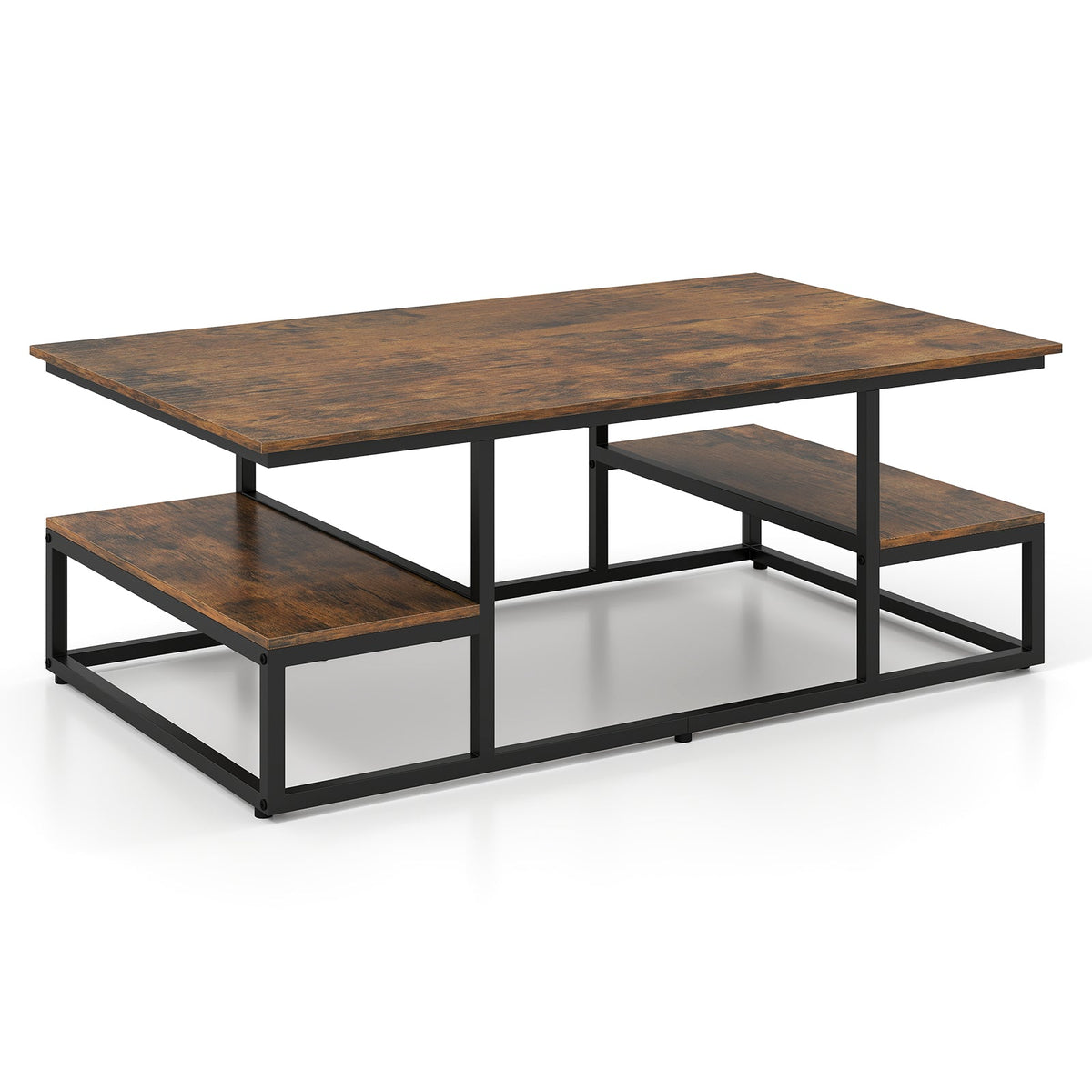 43 inches Rectangle Coffee Table with Storage and Open Shelves-Rusticbrown