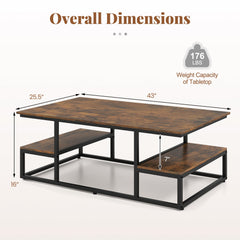 43 inches Rectangle Coffee Table with Storage and Open Shelves-Rusticbrown
