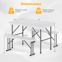 44 inches HDPE Folding Picnic Table Set with 2 Benches-White