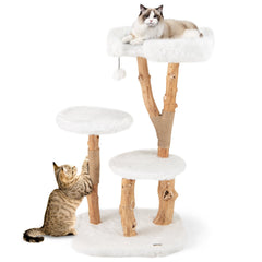 44 Inch Solid Pear Wood Cat Tree with 21 Inch Top Perch and Natural Jute Posts, White