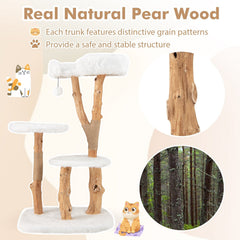 44 Inch Solid Pear Wood Cat Tree with 21 Inch Top Perch and Natural Jute Posts, White
