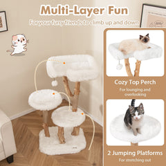 44 Inch Solid Pear Wood Cat Tree with 21 Inch Top Perch and Natural Jute Posts, White