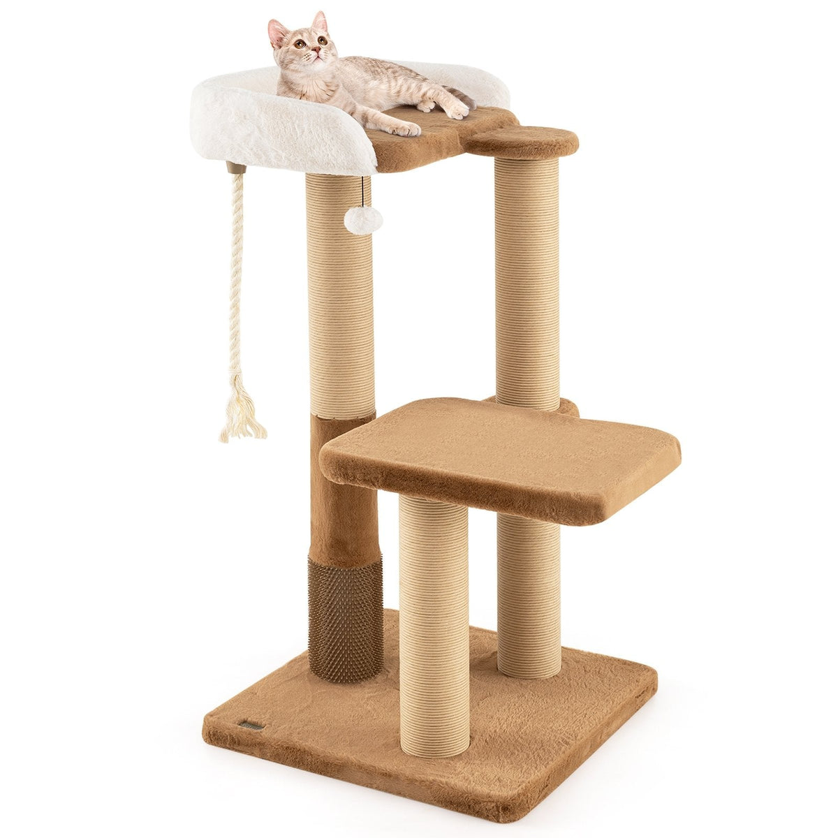 44 Inch Modern Cat Tree with 25.5 Inch Faux Rabbit Fur Perch, Self Groomer and 4.5 Inch Posts, Coffee