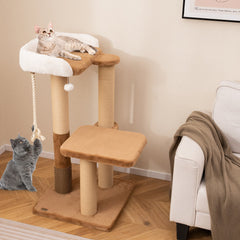 44 Inch Modern Cat Tree with 25.5 Inch Faux Rabbit Fur Perch, Self Groomer and 4.5 Inch Posts, Coffee