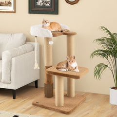 44 Inch Modern Cat Tree with 25.5 Inch Faux Rabbit Fur Perch, Self Groomer and 4.5 Inch Posts, Coffee