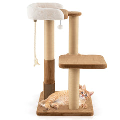 44 Inch Modern Cat Tree with 25.5 Inch Faux Rabbit Fur Perch, Self Groomer and 4.5 Inch Posts, Coffee
