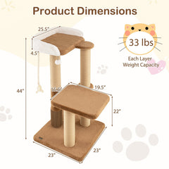 44 Inch Modern Cat Tree with 25.5 Inch Faux Rabbit Fur Perch, Self Groomer and 4.5 Inch Posts, Coffee