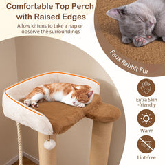 44 Inch Modern Cat Tree with 25.5 Inch Faux Rabbit Fur Perch, Self Groomer and 4.5 Inch Posts, Coffee