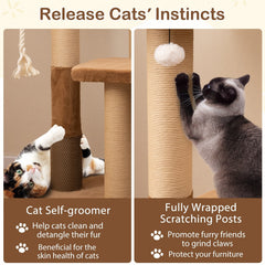 44 Inch Modern Cat Tree with 25.5 Inch Faux Rabbit Fur Perch, Self Groomer and 4.5 Inch Posts, Coffee