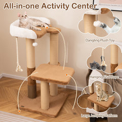 44 Inch Modern Cat Tree with 25.5 Inch Faux Rabbit Fur Perch, Self Groomer and 4.5 Inch Posts, Coffee