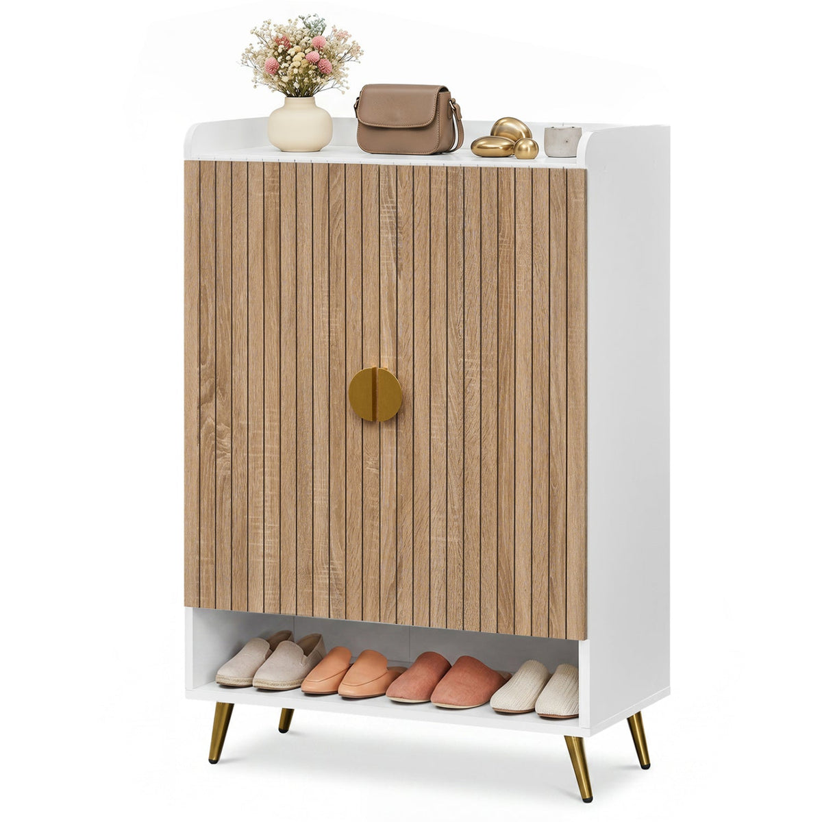 44 inches Tall Shoe Storage Cabinet with 7-Tier Doors and Adjustable Shelves for Entryway-Natural