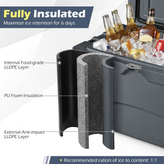 45 Quart Portable Hard Cooler Insulated Ice Chest Keeps Cool for up to 6 Days-Gray