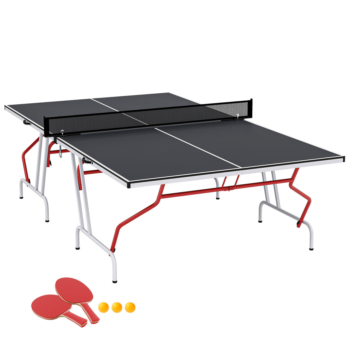 9' x 5' Full Size Table Tennis Table, Folding Ping Pong Table with Paddles and Balls, Dark Grey
