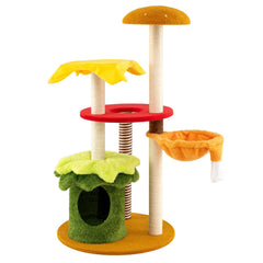 46 Inch Hamburger Cat Tree with Basket Bed, Flower Condo and 5 Sisal Posts, Yellow