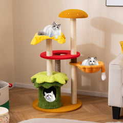46 Inch Hamburger Cat Tree with Basket Bed, Flower Condo and 5 Sisal Posts, Yellow
