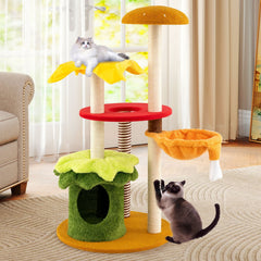 46 Inch Hamburger Cat Tree with Basket Bed, Flower Condo and 5 Sisal Posts, Yellow